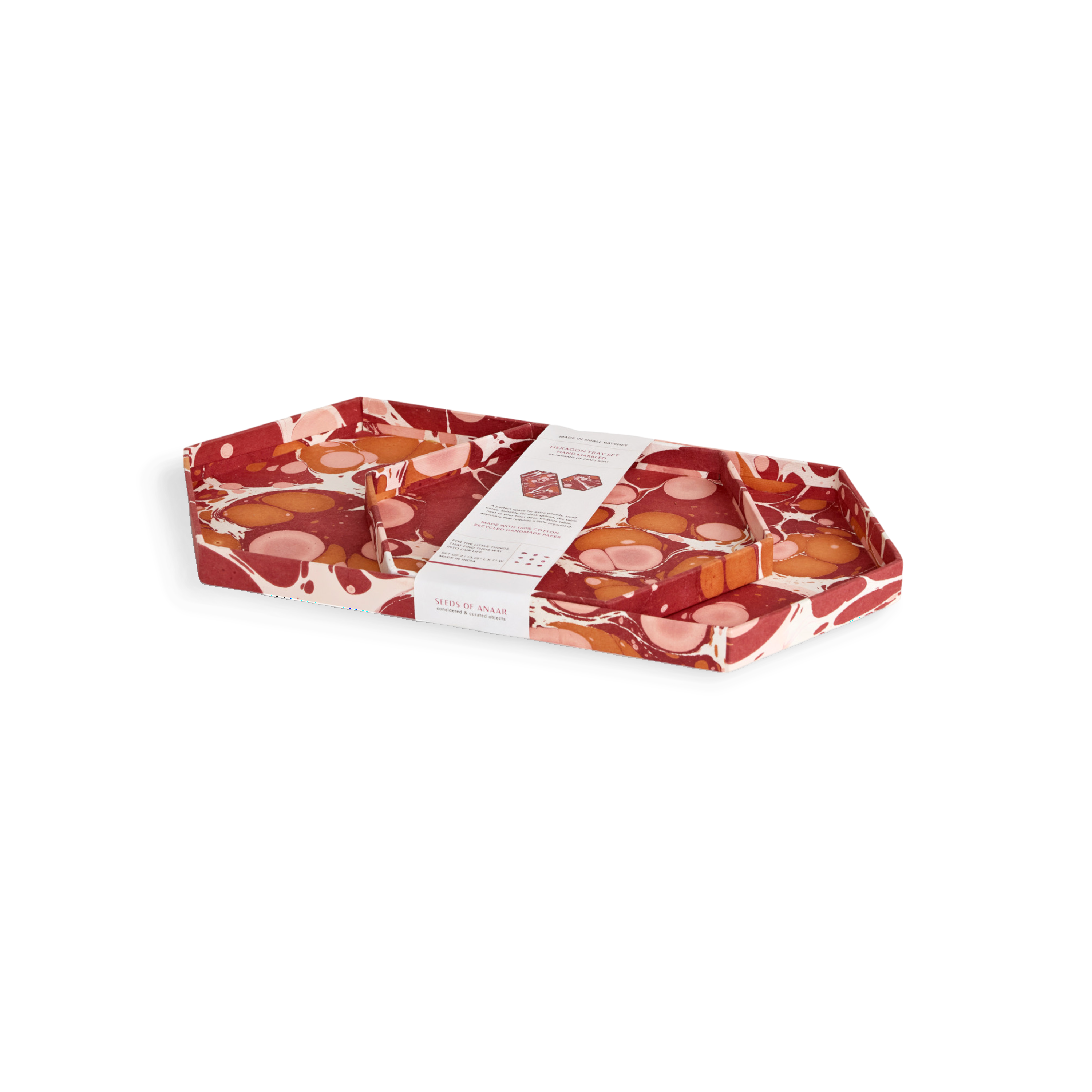 Amber Stone – Hand Marbled Hexagon Tray Set (Set of 2) (Large: 13" x 7" x 0.75")
