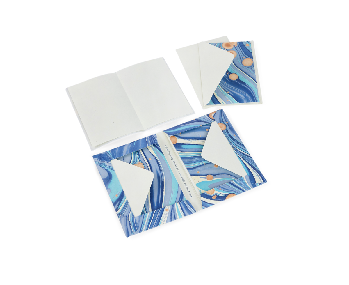 Harbor Blue Fire Whirl – Hand Marbled Greeting Card Folder Set  (6” x 4” | 100% Recycled Cotton Paper)