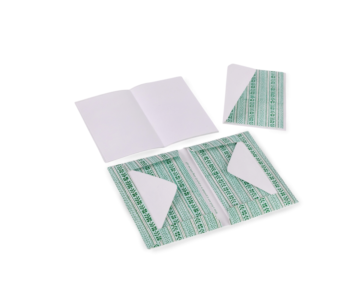 Celadon Green Floral Stripe – Hand Block Printed Greeting Card Folder Set  (6” x 4” | 100% Recycled Cotton Paper)