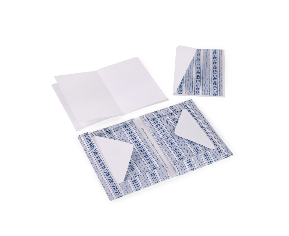 Harbor Blue Floral Stripe – Hand Block Printed Greeting Card Folder Set  (6” x 4” | 100% Recycled Cotton Paper)
