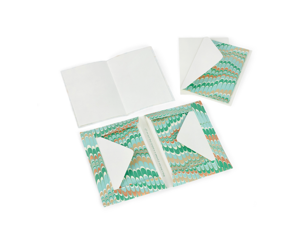 Celadon Green Mountain – Hand Marbled Greeting Card Folder Set  (6” x 4” | 100% Recycled Cotton Paper)