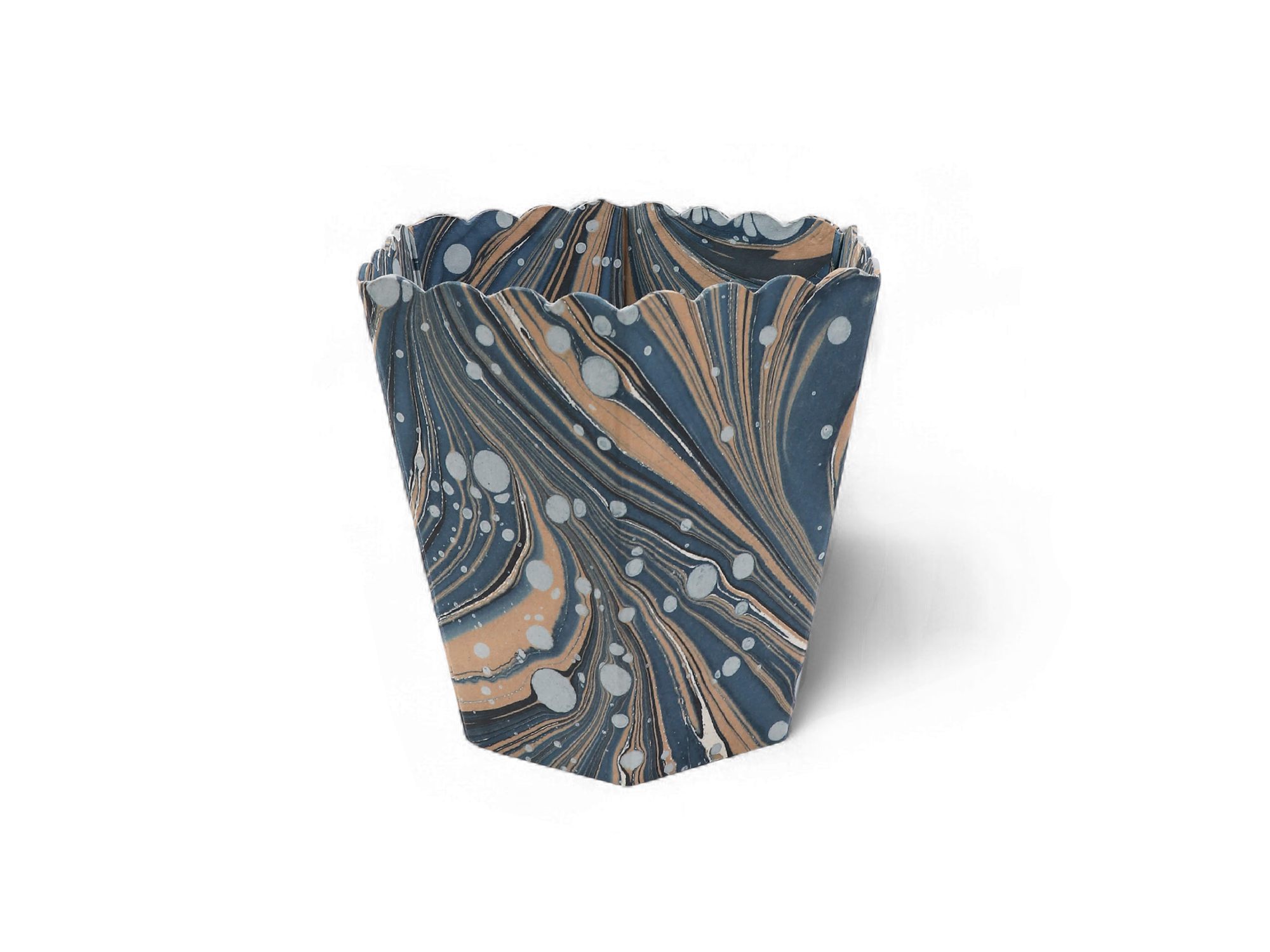Indigo Swell – Hand Marbled Scalloped Basket (8.5" x 7.5" x 8")
