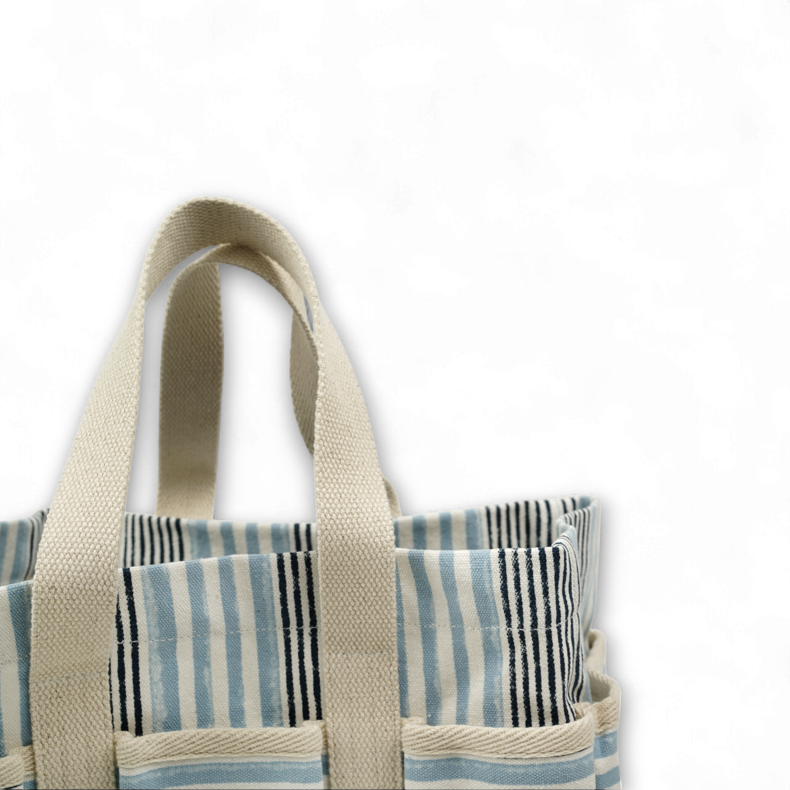 Lahar Stripe – Hand Block Printed Utility Tote in Sky & Navy (11” H x 12.5” W x 7” D | 100% Cotton Canvas)