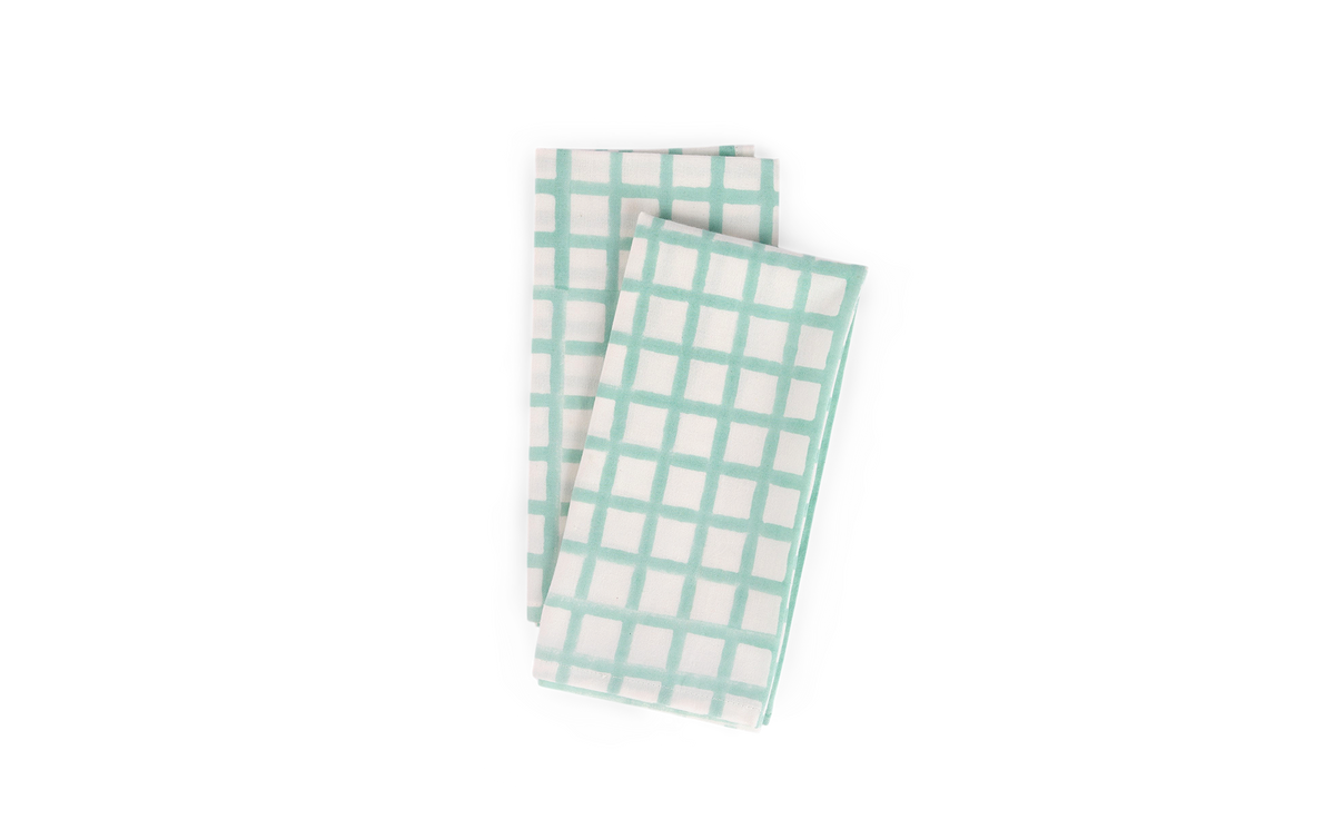 Celadon Green Graph Checks – Hand Block Printed Cotton Napkin (Set of 2) (18" x 18")