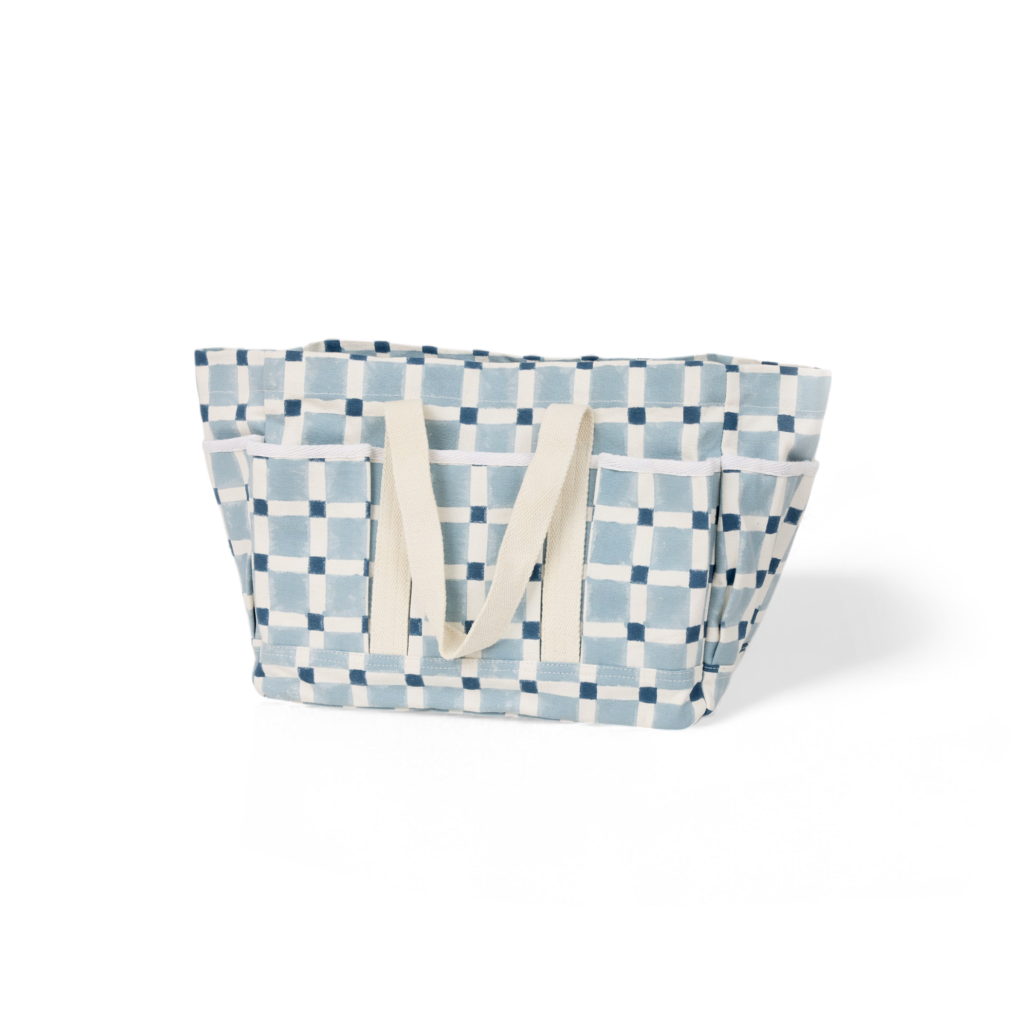 Nila Grid – Hand Block Printed Utility Tote in Sky & Navy (11” H x 12.5” W x 7” D | 100% Cotton Canvas)