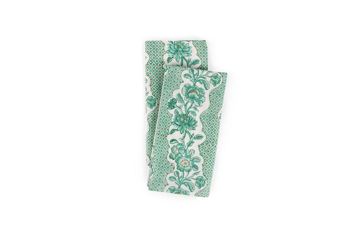 Celadon Green Blooming Trellis – Hand Block Printed Cotton Napkin (Set of 2) (18" x 18")