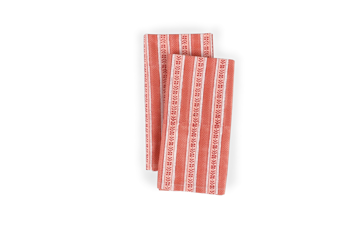 Garnet Red Floral Stripe – Hand Block Printed Cotton Napkin (Set of 2) (18" x 18")
