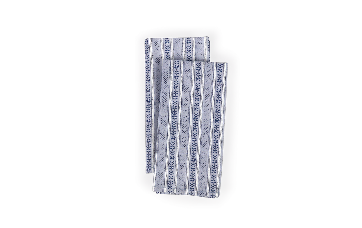 Harbor Blue Floral Stripe – Hand Block Printed Cotton Napkin (Set of 2) (18" x 18")