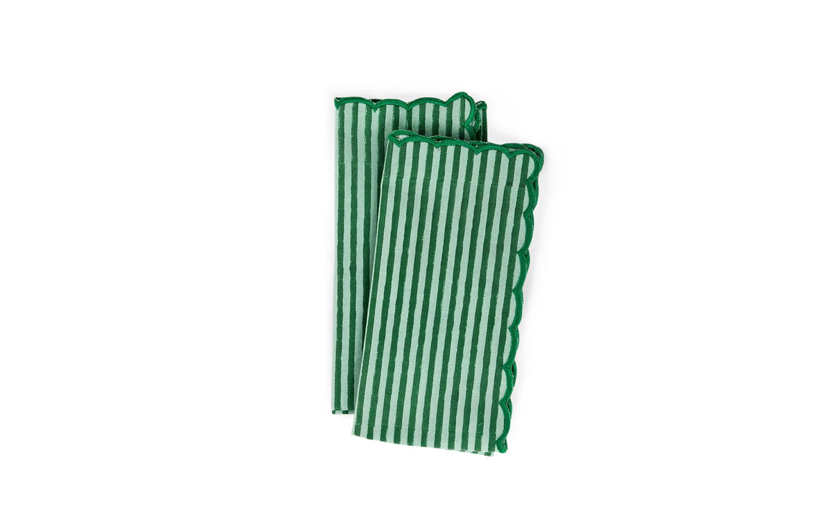 Celadon Green Classic Stripe – Hand Embroidery Printed Cotton Napkin (Set of 2) (18" x 18")