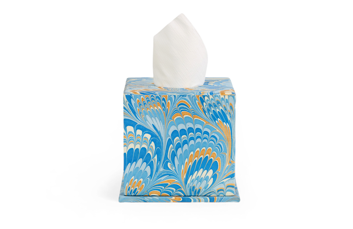 Azure Plume – Hand Marbled Tissue Box Cover  (5.25” H x 5” W x 5” D)