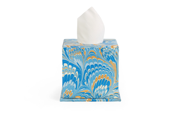 Azure Plume – Hand Marbled Tissue Box Cover  (5.25” H x 5” W x 5” D)
