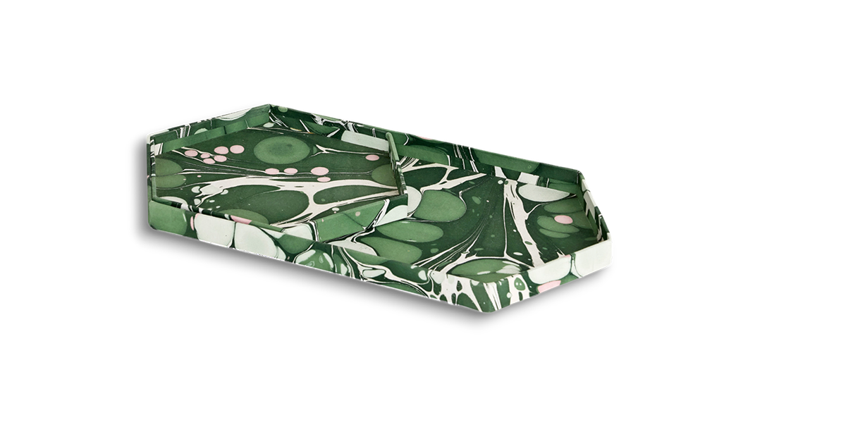 Moss Stone – Hand Marbled Hexagon Tray Set (Set of 2) (Large: 13" x 7" x 0.75")