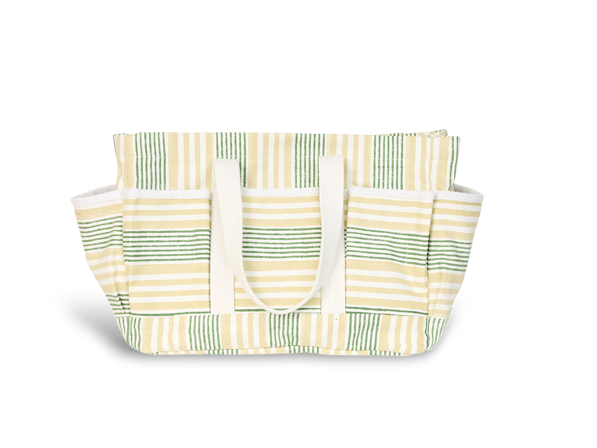 Meadow Stripe – Hand Block Printed Utility Tote in Green Butter (12” H x 16” W x 6” D | 100% Cotton Canvas)