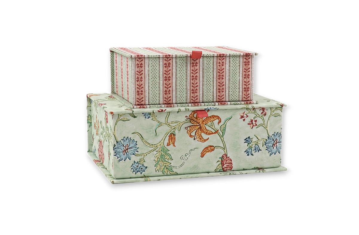 Mint Meadow – Hand Block Printed Keepsake Box (6.75” x 5” x 2.75” | 100% Recycled Cotton Paper)