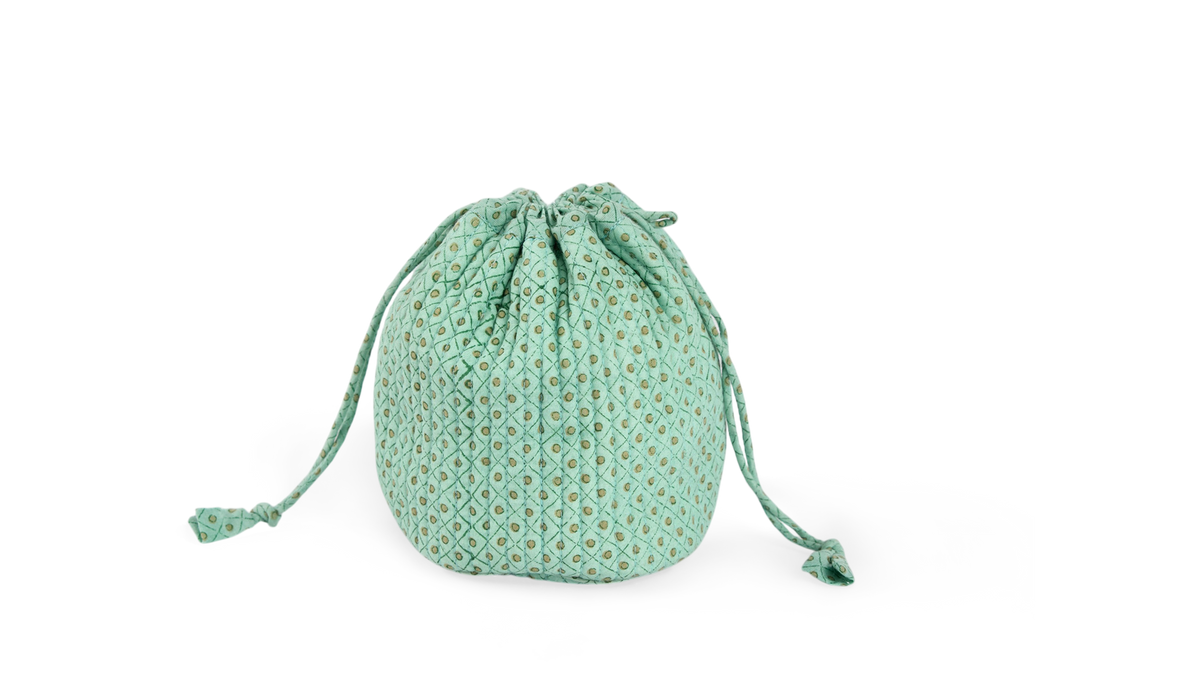 Celadon Geen Dot & Grid – Hand Block Printed Quilted Pouch (Jewelry & Beauty Organizer)