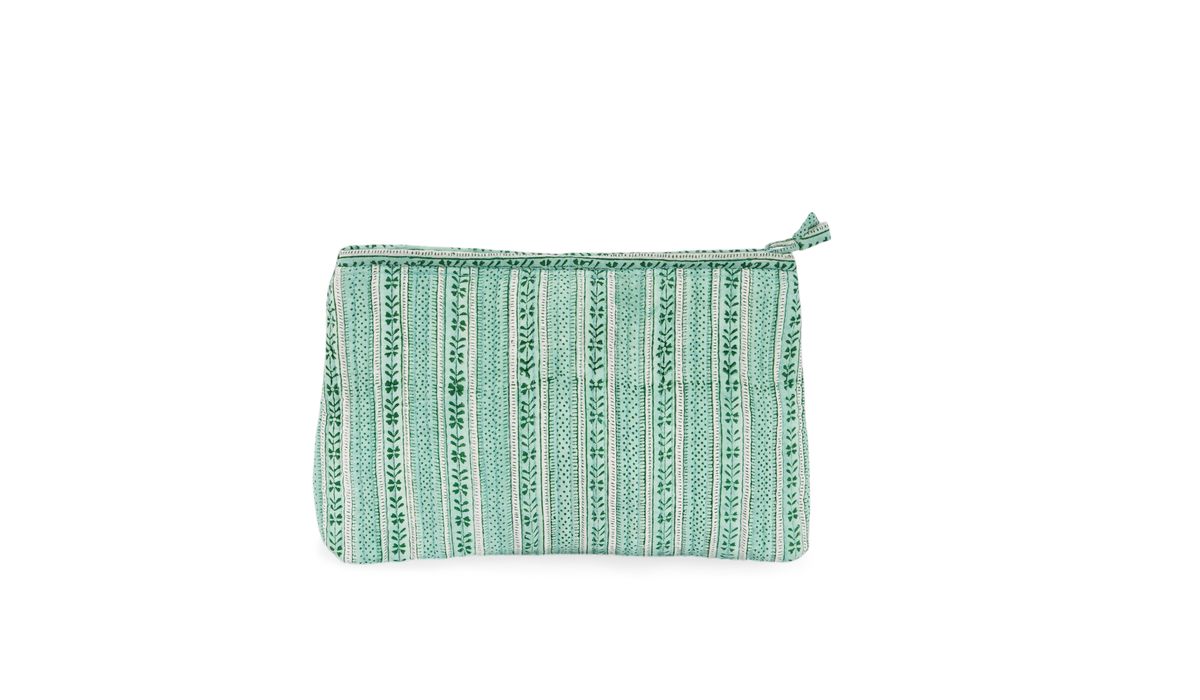 Celadon Green Floral Stripe – Hand Block Printed Quilted Cotton Pouch  (Large – 9.5" x 6.5" x 3")