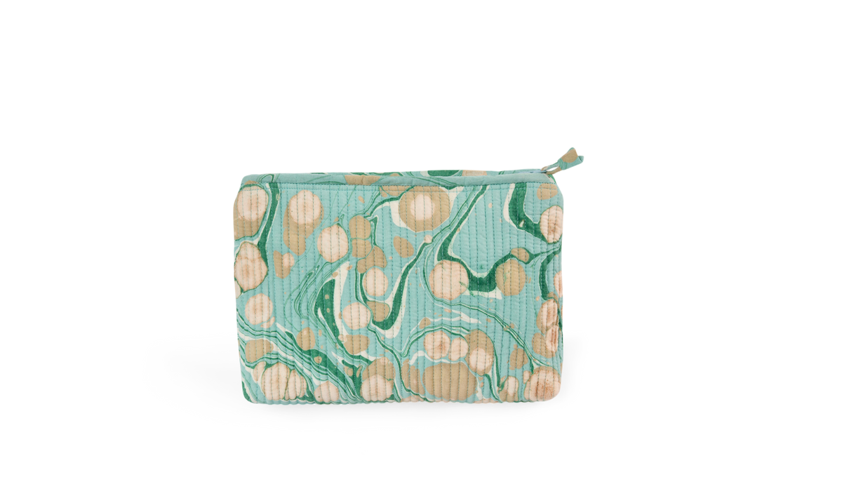Celadon Green Pebble – Hand Marbled Quilted Cotton Pouch  (Large – 9.5" x 6.5" x 3")