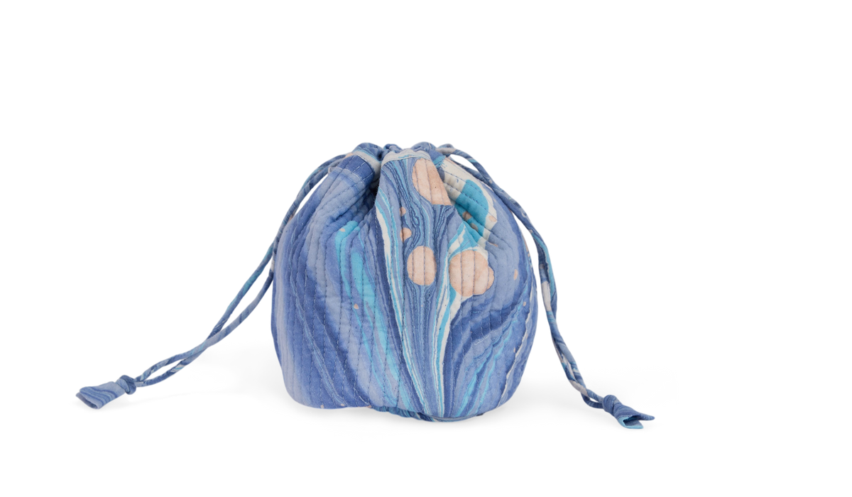 Harbor Blue Fire Whirl – Hand Marbled Quilted Pouch (Jewelry & Beauty Organizer)
