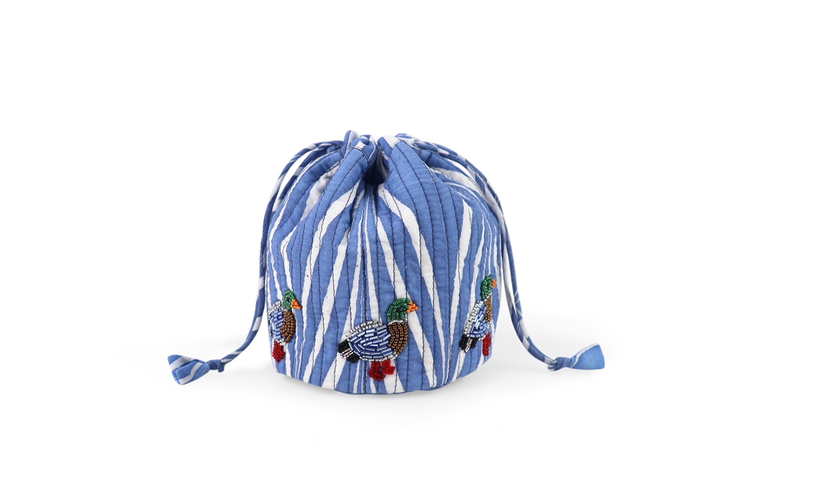 Harbor Blue Banyan – Hand Embroidered Quilted Pouch (Jewelry & Beauty Organizer)