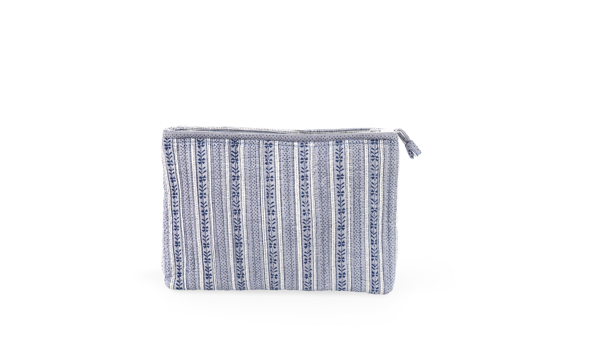 Harbor Blue Floral Stripe – Hand Block Printed Quilted Cotton Pouch  (Large – 9.5" x 6.5" x 3")