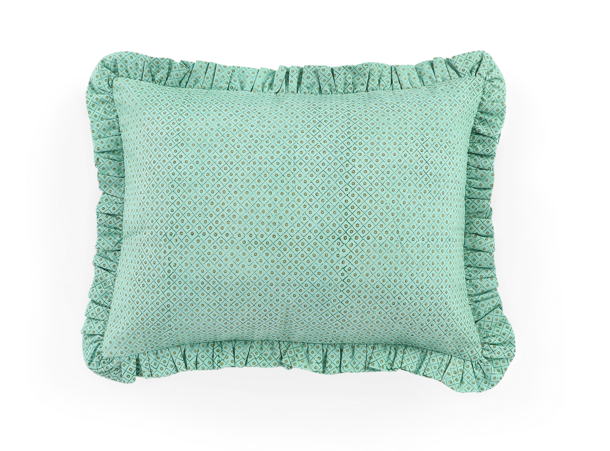 Celadon Green Dot & Grid – Hand Block Printed Cotton Pillow Cover (12" x 16")