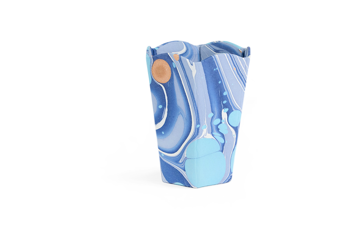 Harbor Blue Fire Whirl – Hand Marbled Scalloped Pen Pot  (3.25" W x 3.25" D x 4.5" H)
