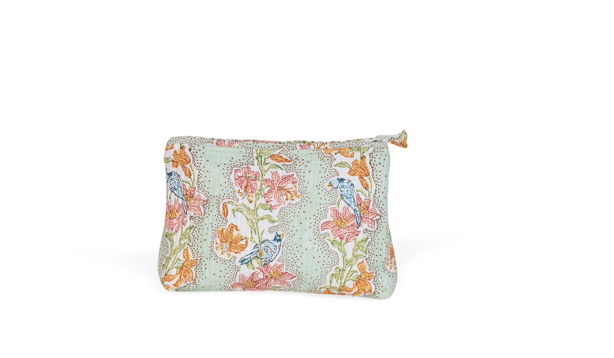 Parrot Garden – Hand Block Printed Quilted Cotton Pouch  Large – 9.5" × 6.5" × 3"