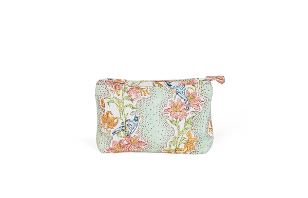 Parrot Garden – Hand Block Printed Quilted Cotton Pouch  (Small – 7.5
