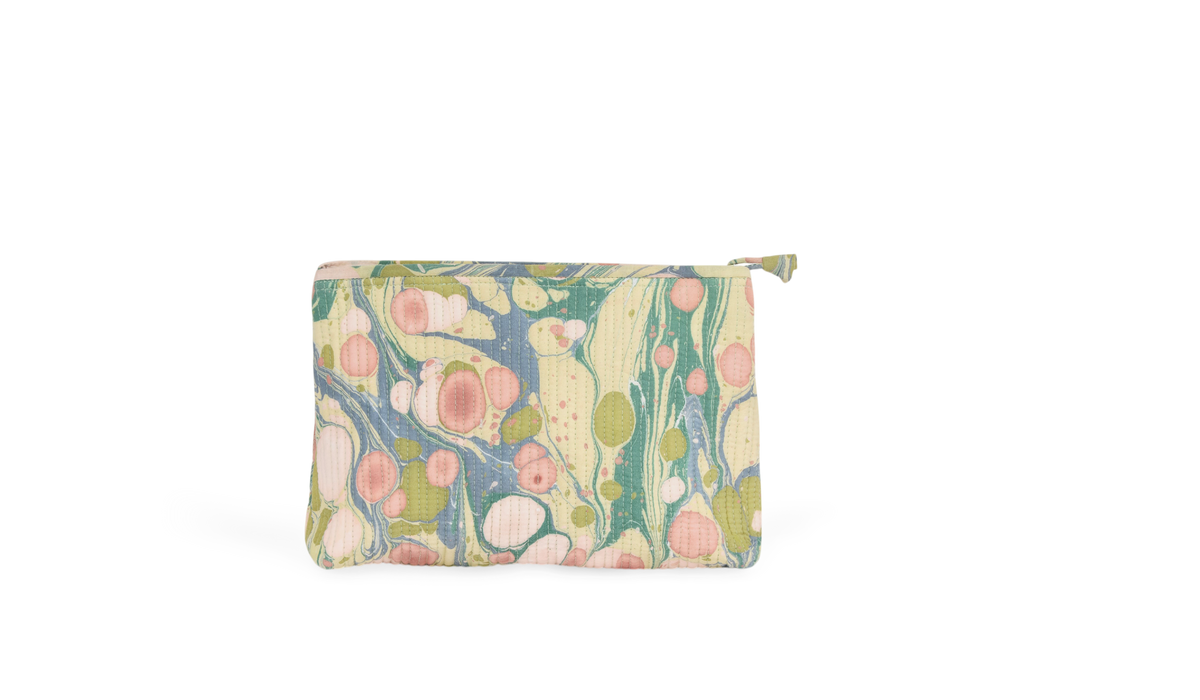Meadow Stone – Hand Marbled Quilted Cotton Pouch  Large – 9.5" × 6.5" × 3"