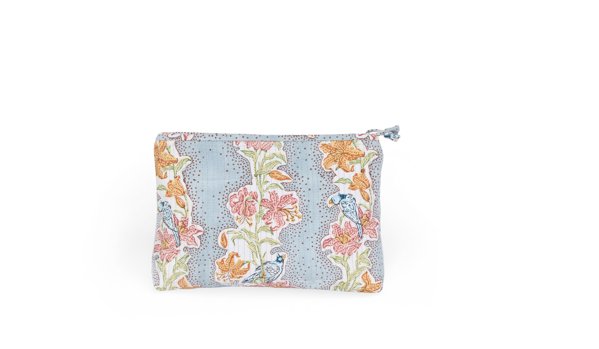 Sky Garden – Hand Block Printed Quilted Cotton Pouch  Large – 9.5" × 6.5" × 3"