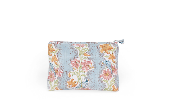 Sky Garden – Hand Block Printed Quilted Cotton Pouch  Large – 9.5