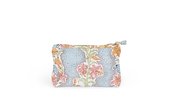 Sky Garden – Hand Block Printed Quilted Cotton Pouch  (Small – 7.5