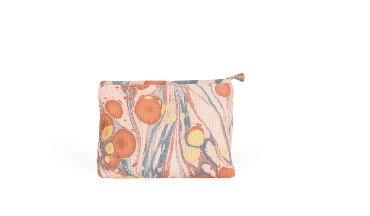 Sunset Stone – Hand Marbled Quilted Cotton Pouch  Large – 9.5" × 6.5" × 3"