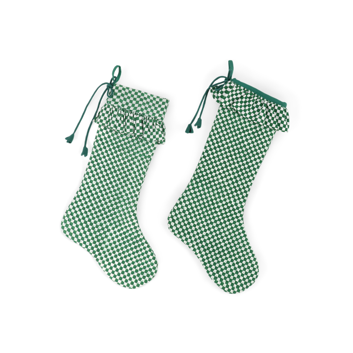 Celadon Green Check – Hand Block Printed Christmas Stocking Piping With Frill (16" × 5")