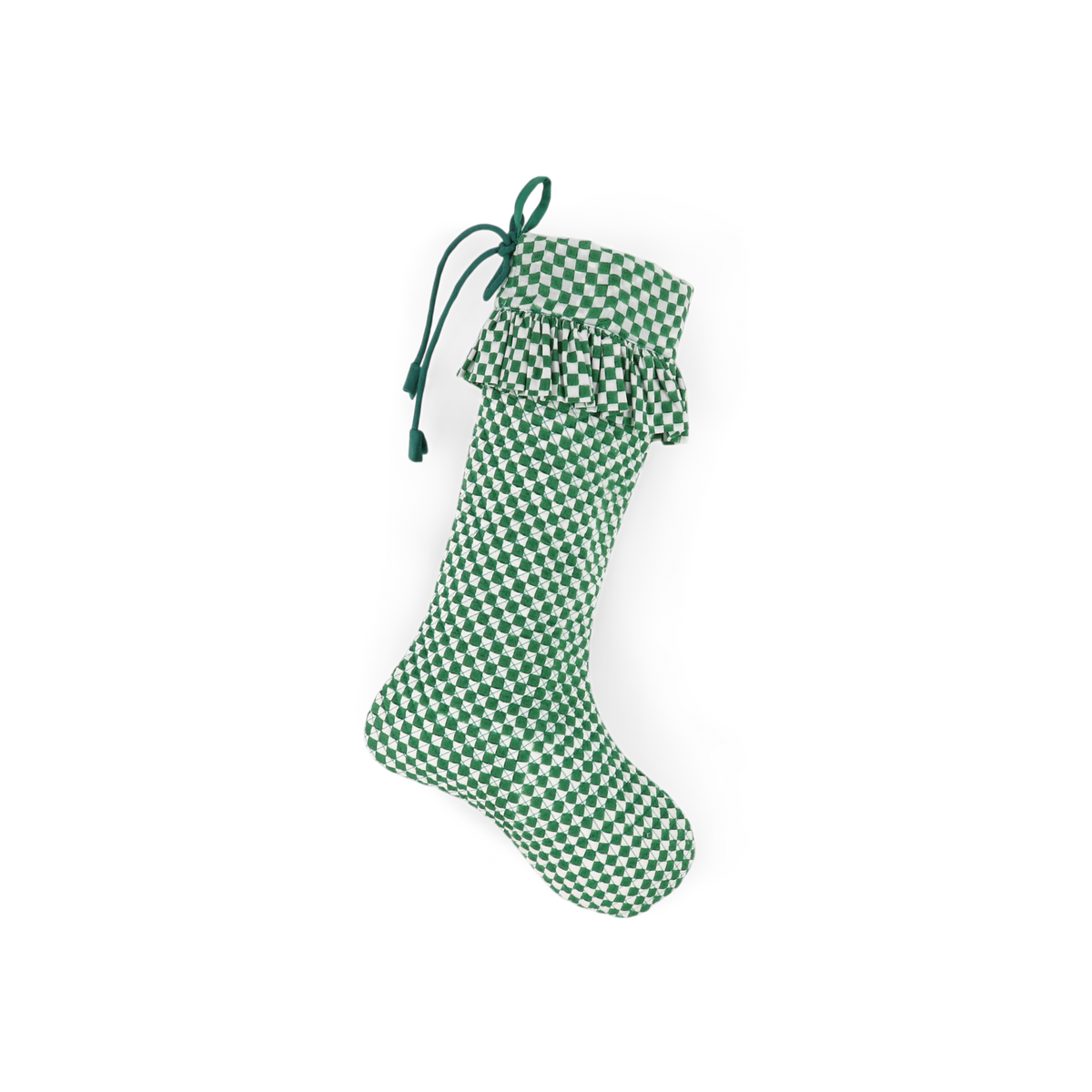 Celadon Green Check – Hand Block Printed Christmas Stocking With Frill (16" × 5")