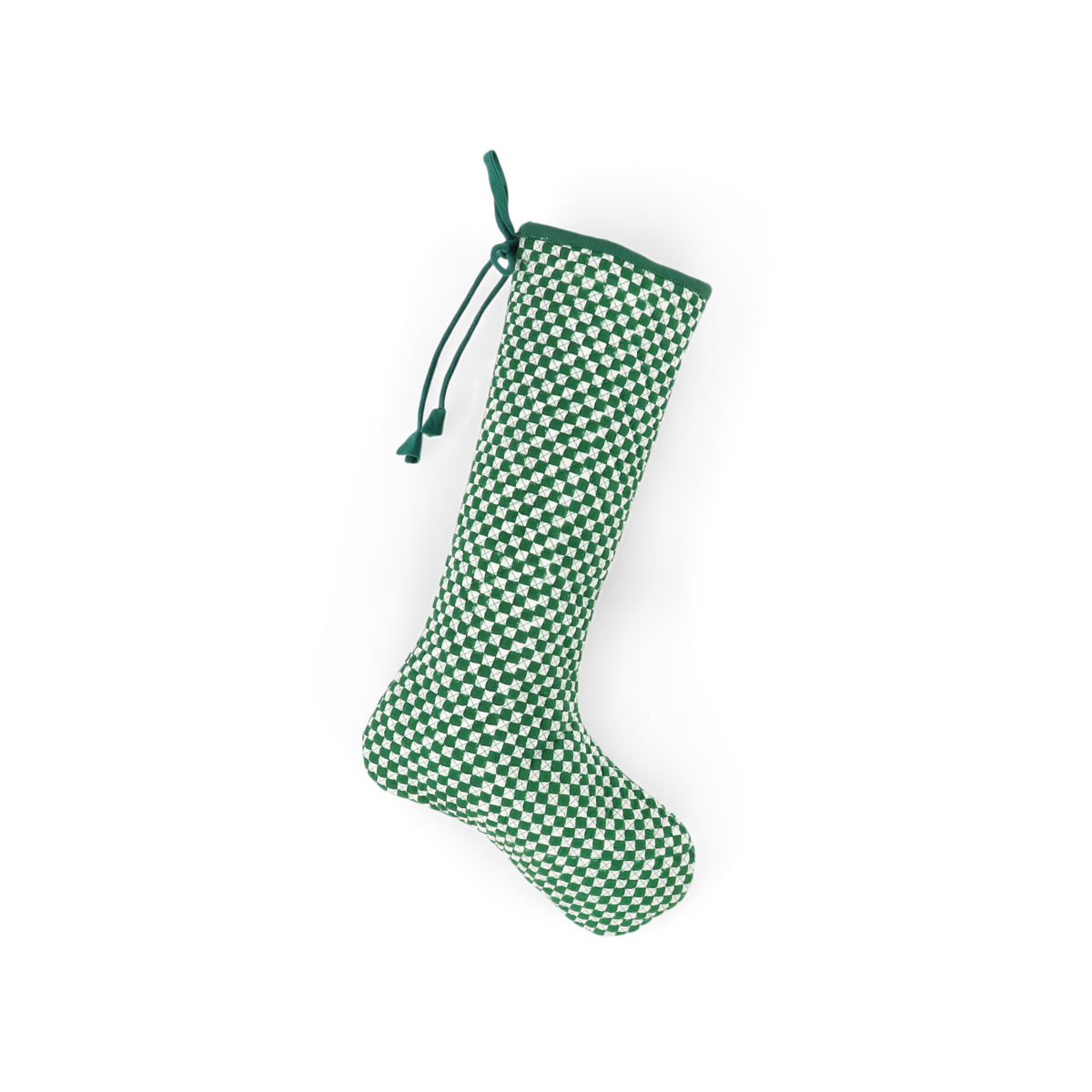 Celadon Green Check – Hand Block Printed Christmas Stocking With Piping (16" × 5")