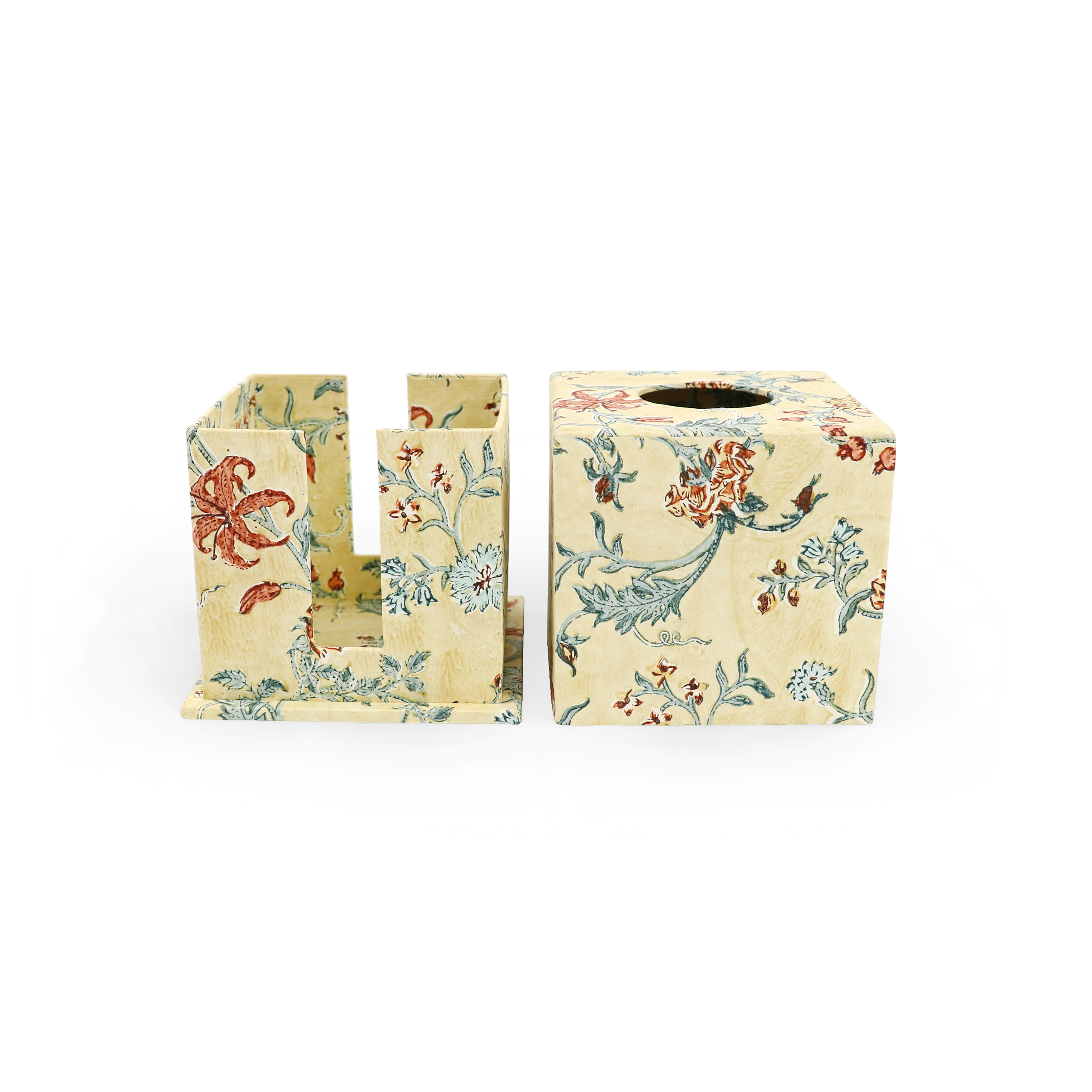 Marigold Garden – Hand Block Printed Tissue Box Cover (5.25” H x 5” W x 5” D)