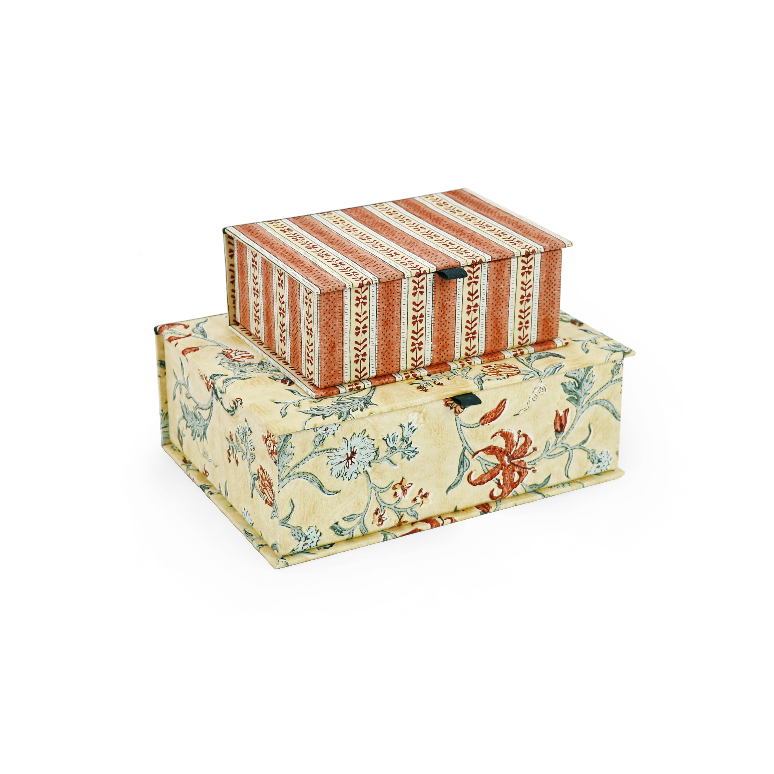 Amber Vine Stripe – Hand Block Printed Keepsake Box (6.75” x 5” x 2.75” | 100% Recycled Cotton Paper)