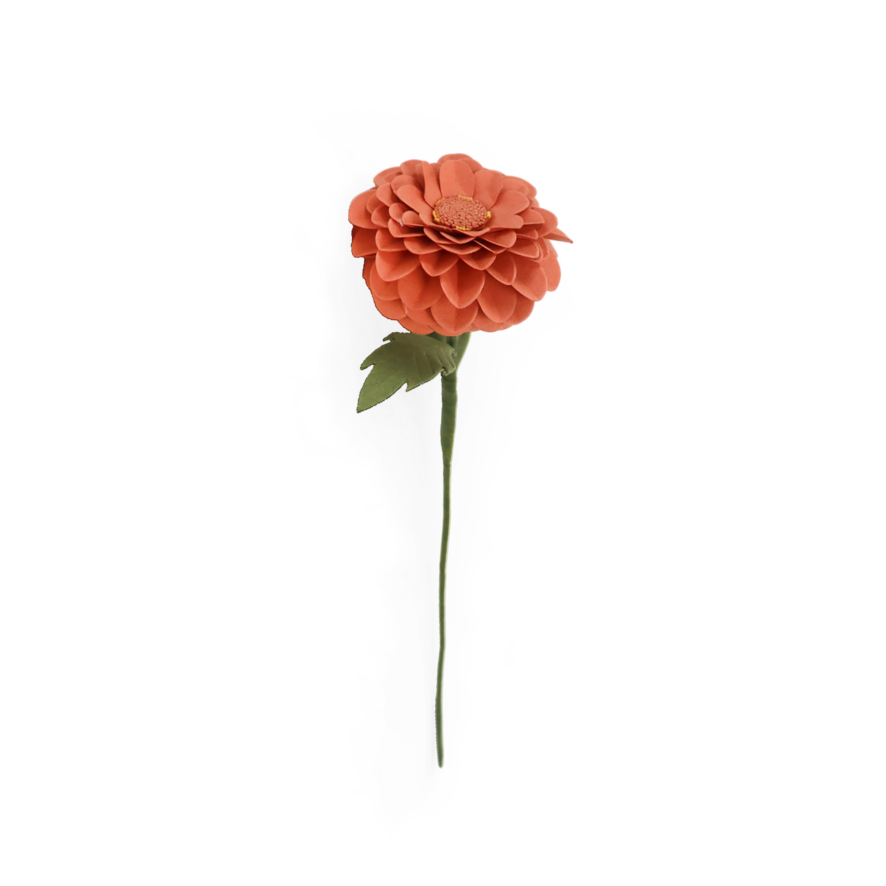 Handmade Paper Dahlia – Warm Coral Bloom Stem  (Size: Approx. 2.5” x 9” | Recycled Cotton Paper)