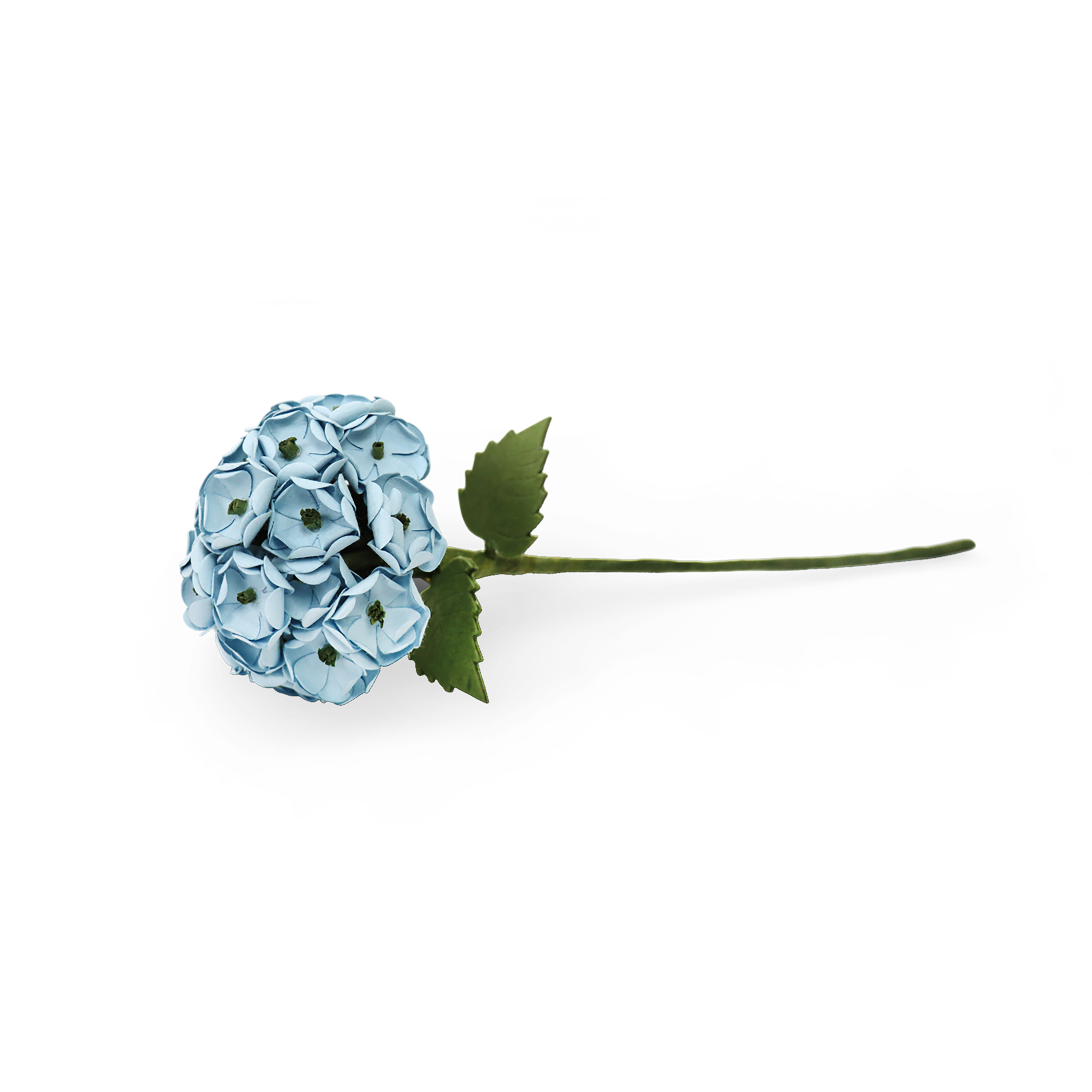 Handmade Paper Hydrangea – Soft Sky Blue Bloom Stem  (Size: Approx. 2.5” x 9” | Recycled Cotton Paper)
