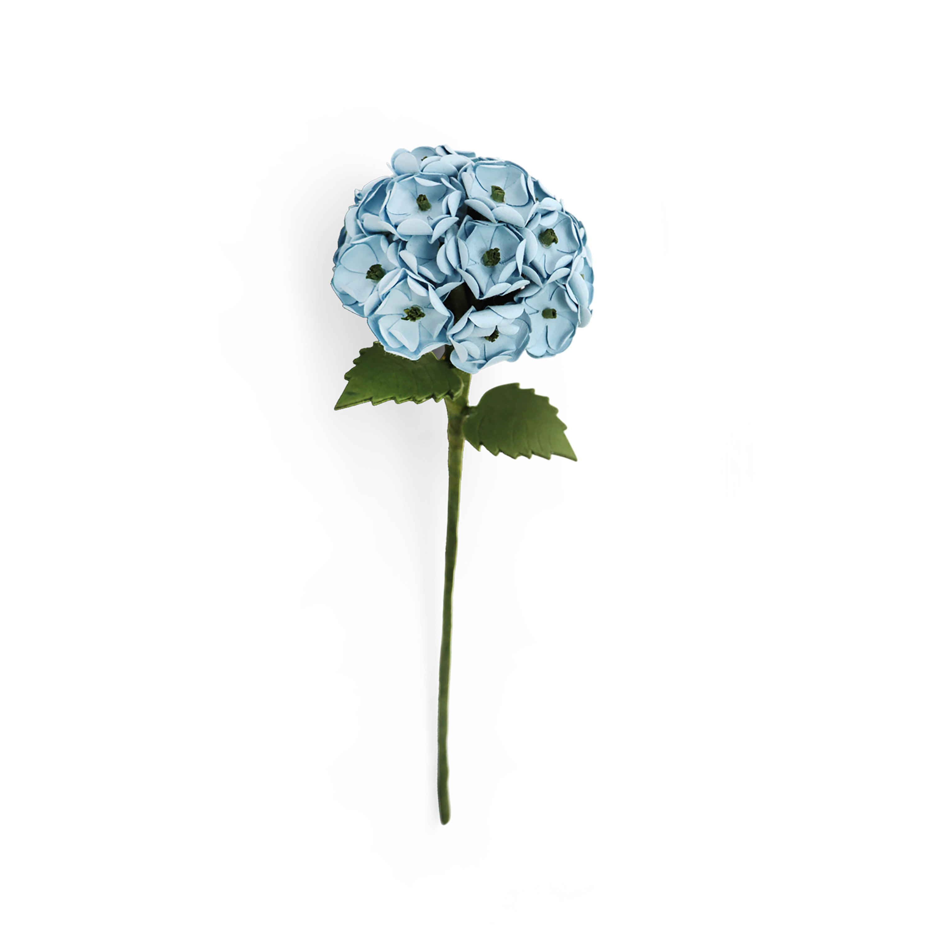 Handmade Paper Hydrangea – Soft Sky Blue Bloom Stem  (Size: Approx. 2.5” x 9” | Recycled Cotton Paper)