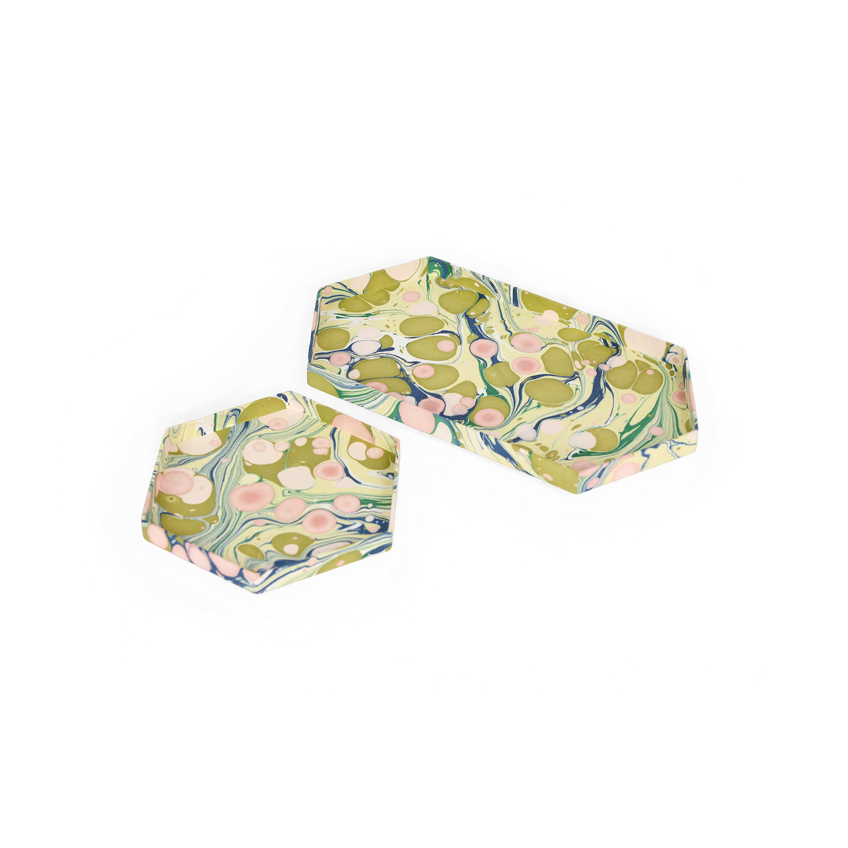 Meadow Stone – Hand Marbled Hexagon Tray Set (Set of 2) (Large: 13" x 7" x 0.75") (Small: 6.5" x 6.5" x 0.6")