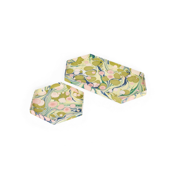 Meadow Stone – Hand Marbled Hexagon Tray Set (Set of 2) (Large: 13