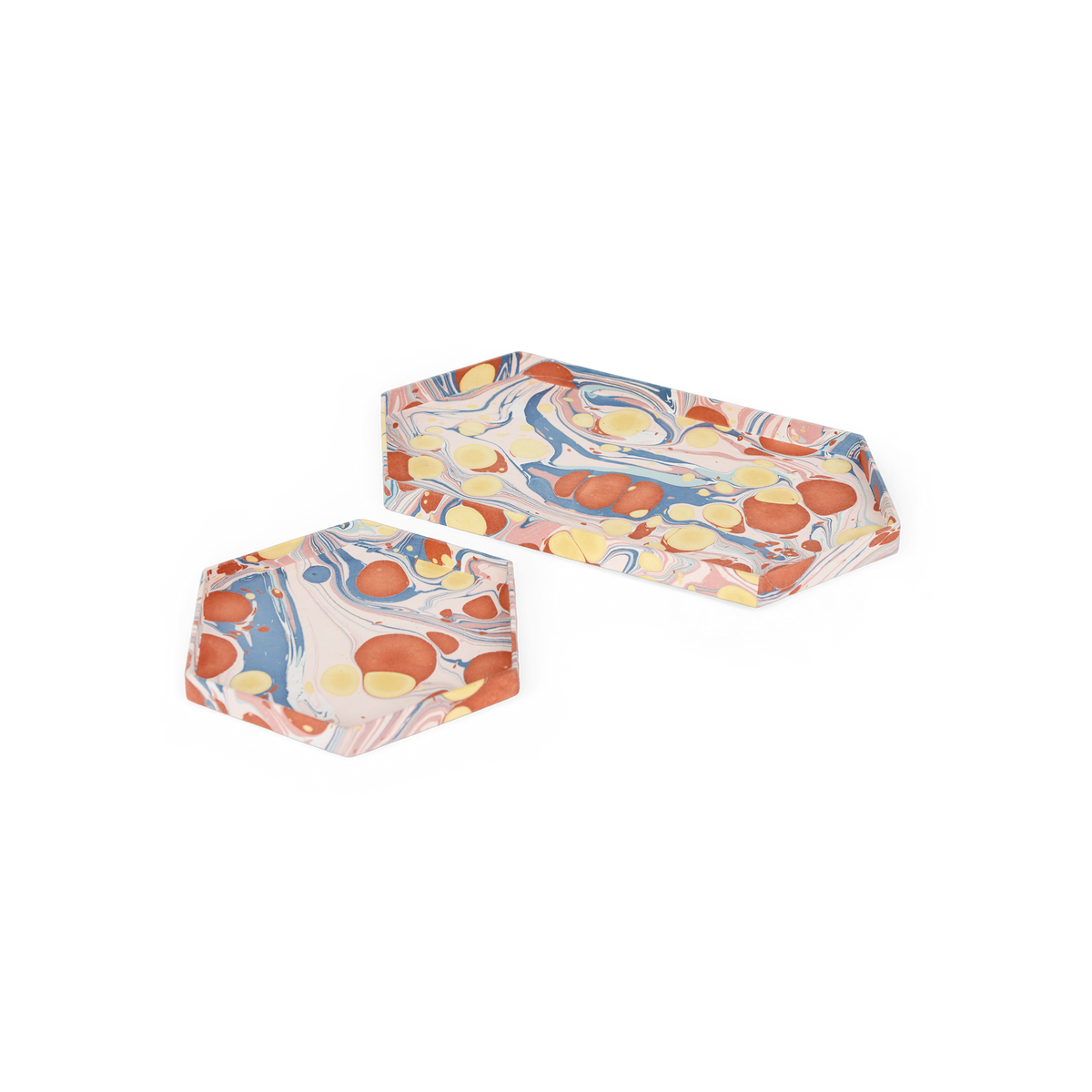 Sunset Stone – Hand Marbled Hexagon Tray Set (Set of 2) (Large: 13" x 7" x 0.75") (Small: 6.5" x 6.5" x 0.6")