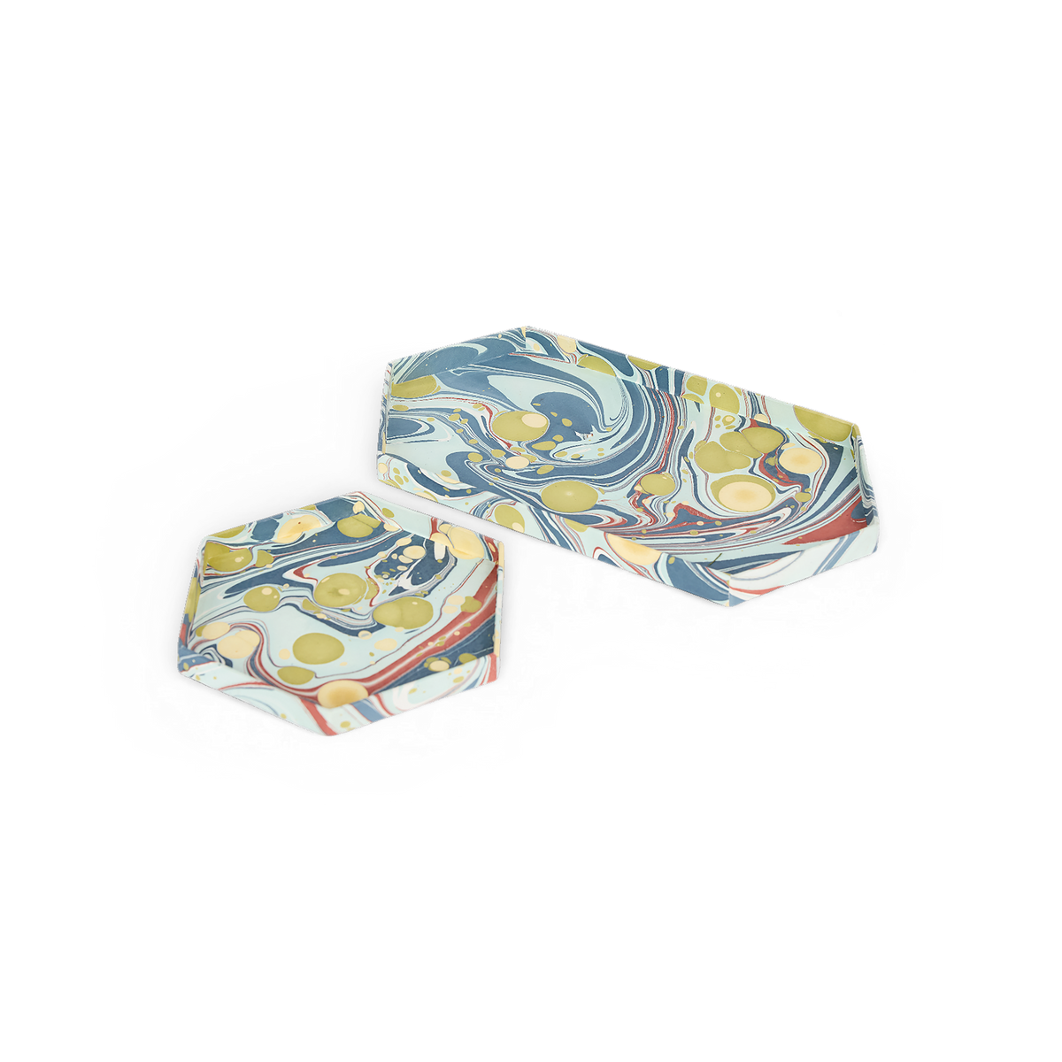 Ocean Stone – Hand Marbled Hexagon Tray Set (Set of 2) (Large: 13" x 7" x 0.75") (Small: 6.5" x 6.5" x 0.6")