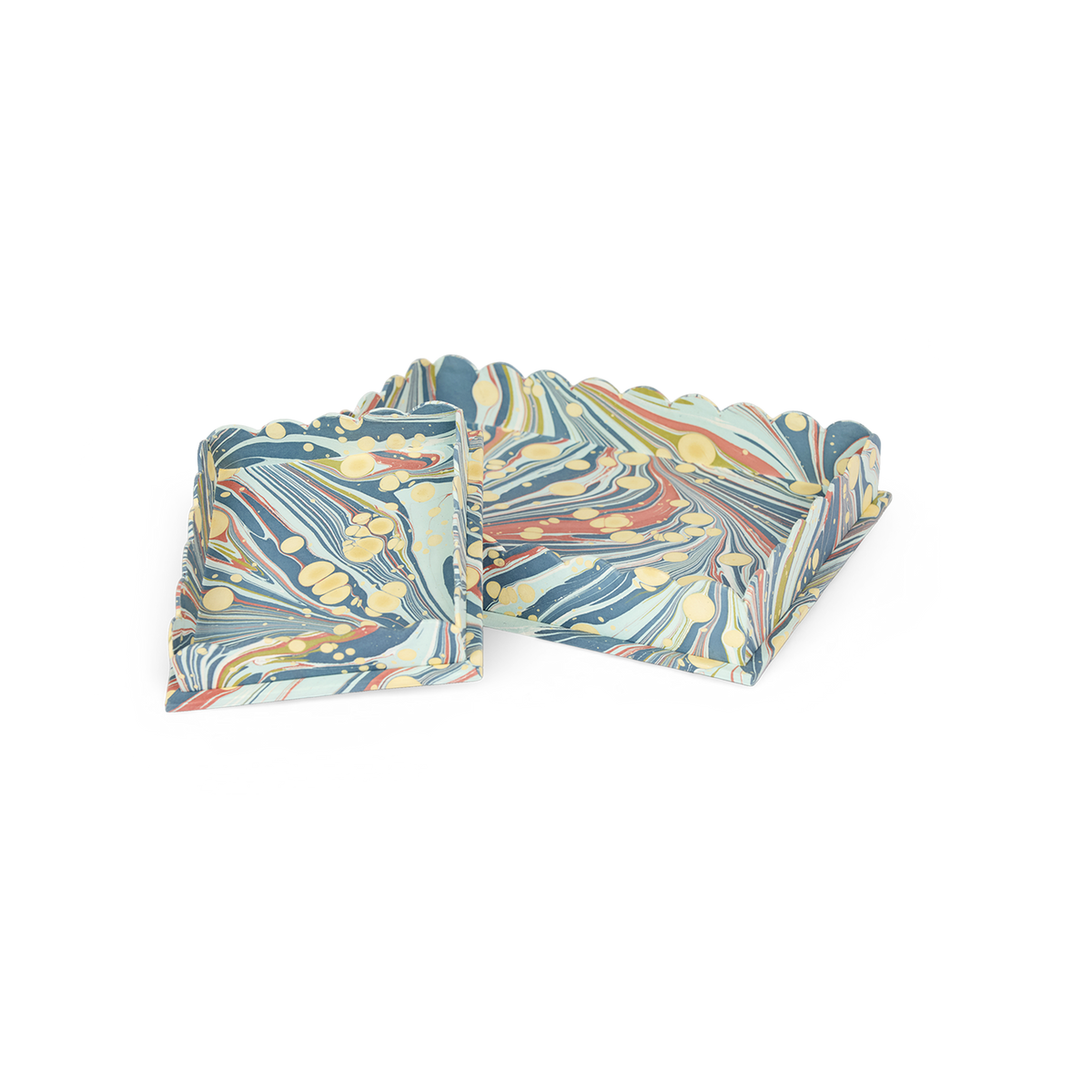 Ocean Swirl – Hand Marbled Scalloped Tray (Set of 2) 12" x 9.5" x 1.5"