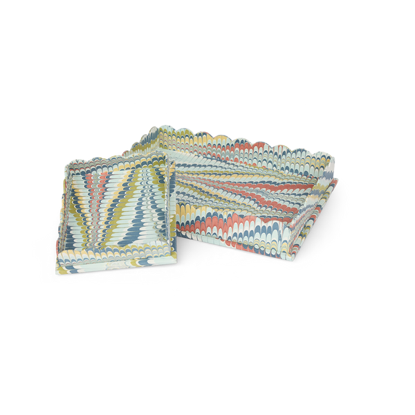 Ocean Wave – Hand Marbled Scalloped Tray in Coastal Tones (12