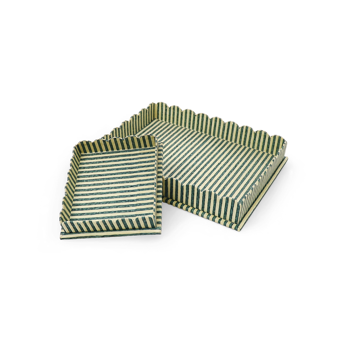Forest Stripe – Hand Block Printed Scalloped Tray (Set of 2) 12" x 9.5" x 1.5"