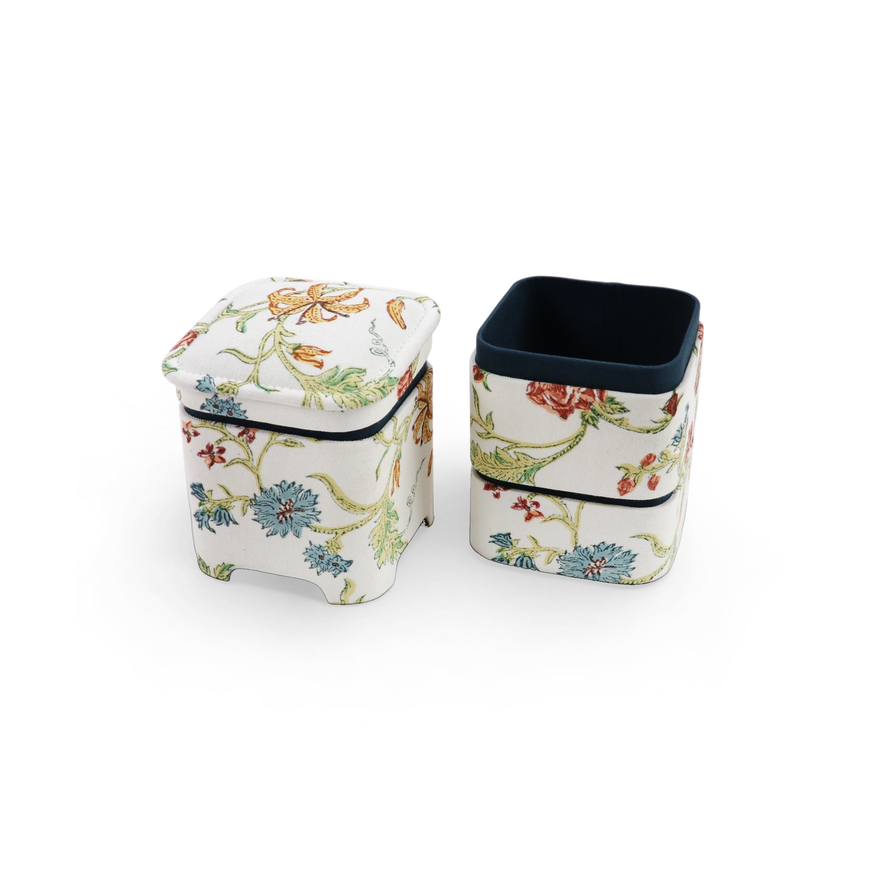 Autumn Meadow – Hand Block Printed Jewellery Organizer Set  (4" × 4" × 8" | Set of 3)