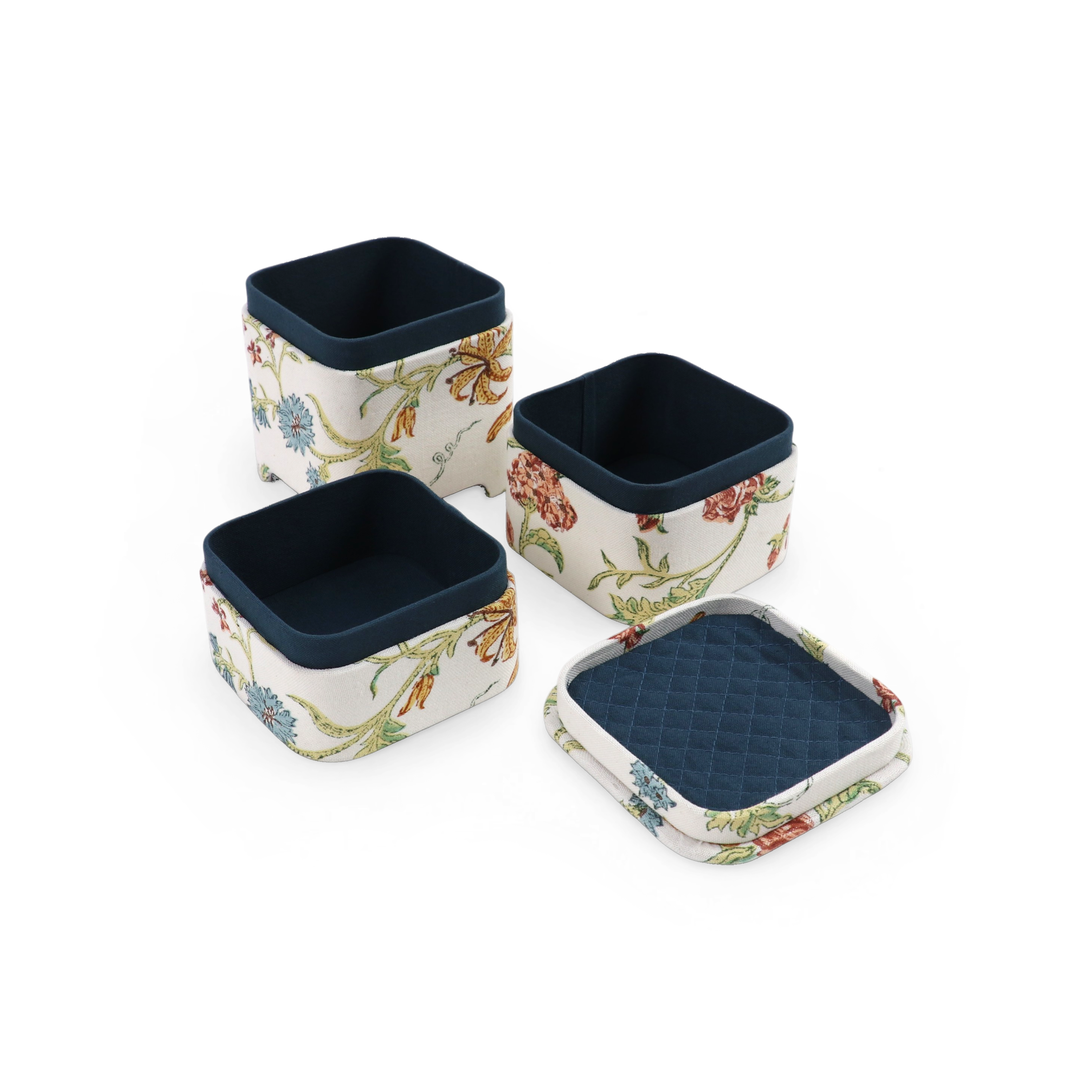 Autumn Meadow – Hand Block Printed Jewellery Organizer Set  (4" × 4" × 8" | Set of 3)